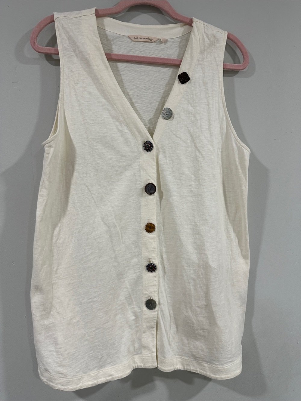 Soft Surroundings Cream Sleeveless Button-Down V-Neck Tank 100% cotton boho